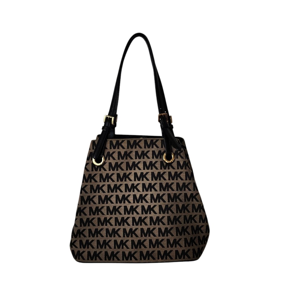 Michael Kors Jet Set Grab Bag Purse In Brown Signature Jacquard With Leather